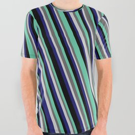 [ Thumbnail: Light Grey, Midnight Blue, Black, Aquamarine & Dim Grey Colored Lined/Striped Pattern All Over Graphic Tee ]