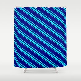 [ Thumbnail: Blue & Aqua Colored Pattern of Stripes Shower Curtain ]