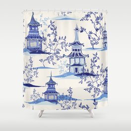 Beautiful vintage ink chinese pagodas, mountains, trees in chinoiserie style. Hand drawn landscape vintage seamless pattern.  Shower Curtain
