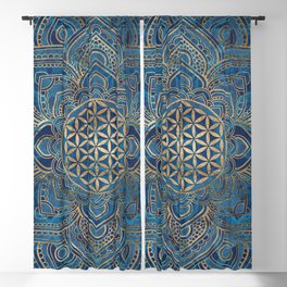 Flower of Life in Lotus Mandala - Blue Marble and Gold Blackout Curtain