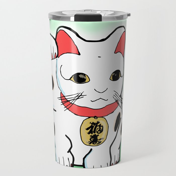 Green Japanese  Lucky Cat Maneki Neko Travel Mug