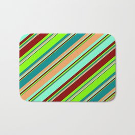 [ Thumbnail: Eyecatching Dark Cyan, Brown, Aquamarine, Dark Red, and Chartreuse Colored Striped/Lined Pattern Bath Mat ]
