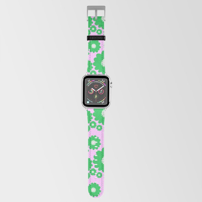 Retro Modern 70’s Green Flowers On Pink Apple Watch Band