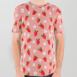 Strawberry Pattern- Pink Background All Over Graphic Tee