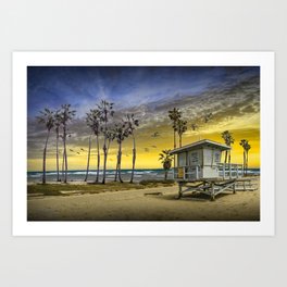 Lifeguard Station with Palm Trees on Cabrillo Beach at Sunset Art Print
