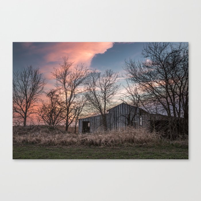 Evening Shade - Old Barn Hidden in Trees at Sunset in Kansas Canvas Print