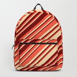 [ Thumbnail: Red, Beige, and Maroon Colored Striped/Lined Pattern Backpack ]