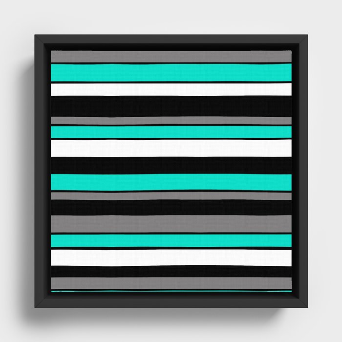 Teal Aqua White Grey Black Stripes Framed Canvas