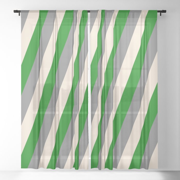 Gray, Beige, and Green Colored Lined Pattern Sheer Curtain