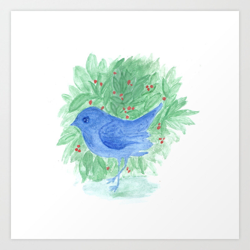 Blue Bird And Shrub Watercolor Painting Art Print By Annaki Society6