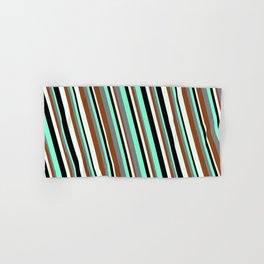 [ Thumbnail: Eyecatching Aquamarine, Gray, Brown, Mint Cream, and Black Colored Striped/Lined Pattern Hand & Bath Towel ]