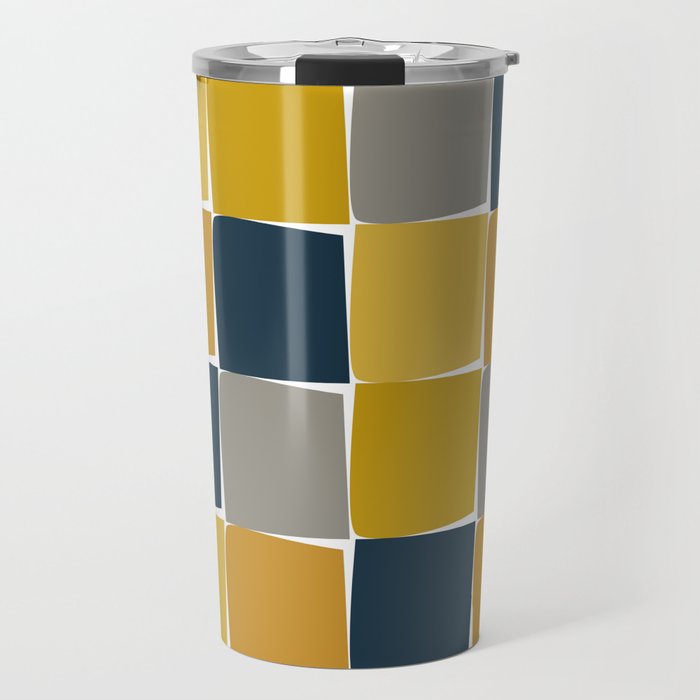 Flux Midcentury Modern Check Grid Pattern in Mustard Ochre Navy Blue Gray White  Travel Mug