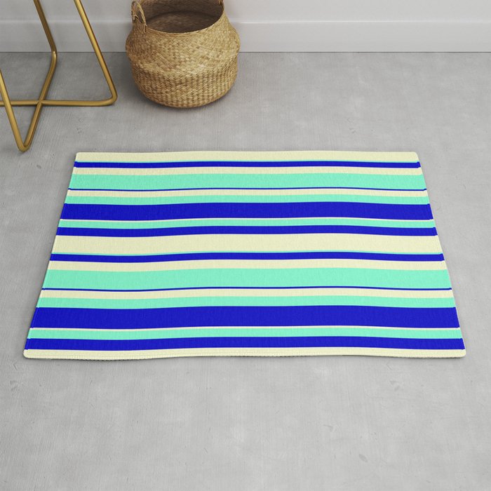 Light Yellow, Aquamarine, and Blue Colored Striped/Lined Pattern Rug