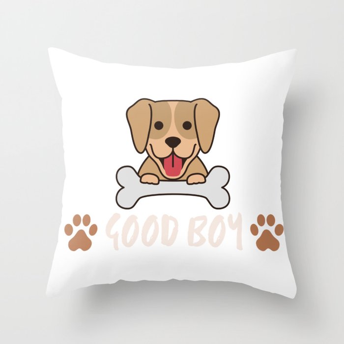 Happy dog holding bone - Good boy with pet steps Throw Pillow