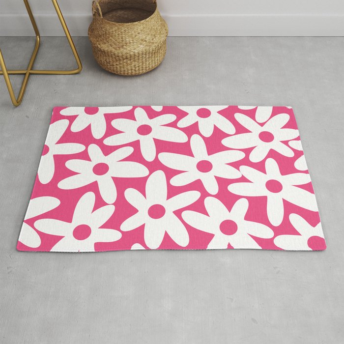 Daisy Time Retro Floral Pattern Preppy Pink and White Rug