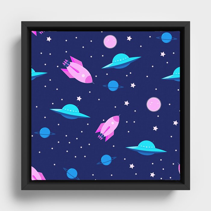 Mysterious Space And Space Objects Pattern Framed Canvas
