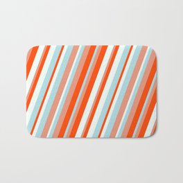 [ Thumbnail: Dark Salmon, Red, Mint Cream, and Powder Blue Colored Lined Pattern Bath Mat ]