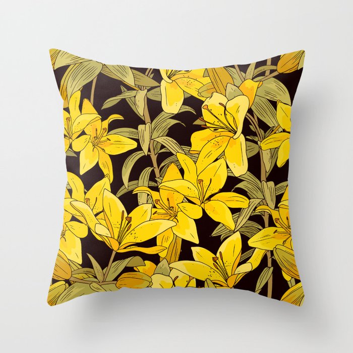 Vintage pattern with yellow lily. Tropical floral print with flowers, buds and leaves Throw Pillow