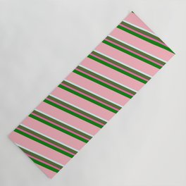 [ Thumbnail: Eyecatching Light Pink, Light Cyan, Dark Olive Green, Hot Pink & Green Colored Striped Pattern Yoga Mat ]