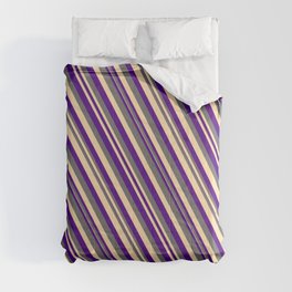 [ Thumbnail: Indigo, Dim Grey, and Tan Colored Lined Pattern Comforter ]