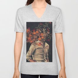 Roots V Neck T Shirt | Popart, Flowers, Brown, Digitalart, Portrait, Floral, Collage, Vintagecollage, Graphicdesign, Dark 