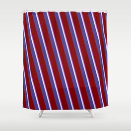[ Thumbnail: Orchid, Lavender, Dark Slate Blue, and Maroon Colored Striped Pattern Shower Curtain ]
