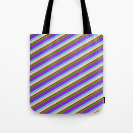 [ Thumbnail: Colorful Green, Purple, Turquoise, Light Pink, and Dark Green Colored Lined/Striped Pattern Tote Bag ]