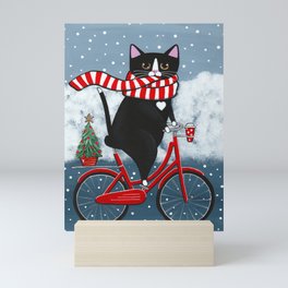 Winter Tuxedo Cat Bicycle Ride Mini Art Print