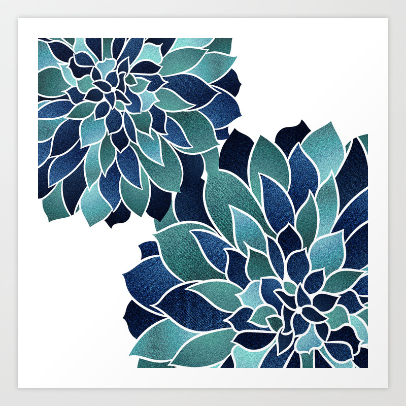 Festive, Floral Prints, Navy Blue and Teal on White Art Print