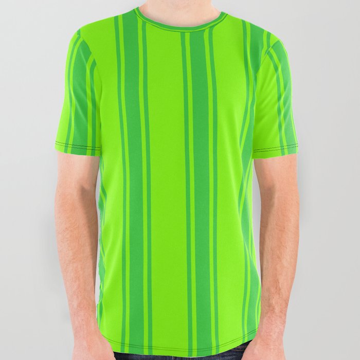 Chartreuse & Lime Green Colored Lines/Stripes Pattern All Over Graphic Tee