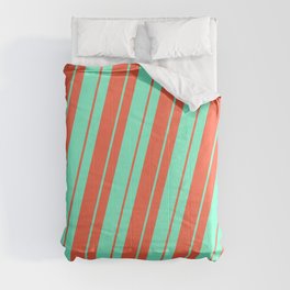 [ Thumbnail: Aquamarine and Red Colored Lined Pattern Comforter ]