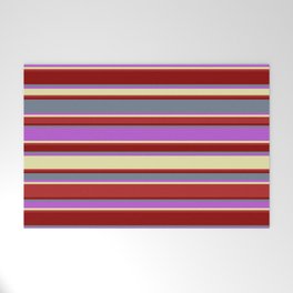 [ Thumbnail: Eyecatching Slate Gray, Orchid, Pale Goldenrod, Red, and Dark Red Colored Lines/Stripes Pattern Welcome Mat ]
