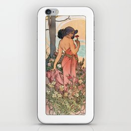 Alphonse Mucha Brunette Girl In The Forest With Pink Dress And Flowers iPhone Skin