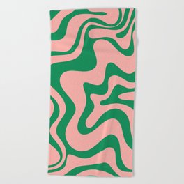 Liquid Swirl Retro Abstract Pattern in Pink and Bright Green Beach Towel
