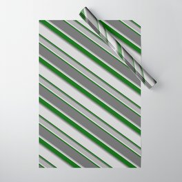 [ Thumbnail: Dim Grey, Dark Grey, Light Gray, and Dark Green Colored Stripes/Lines Pattern Wrapping Paper ]