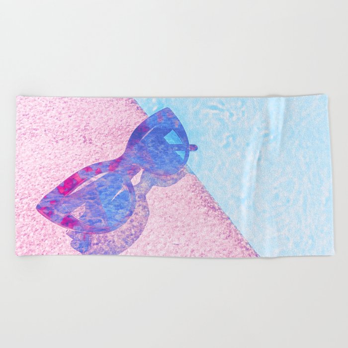 glasses poolside pink and blue impressionism painted realistic still life Beach Towel