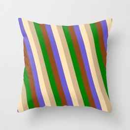 [ Thumbnail: Eye-catching Brown, Green, Tan, Beige & Slate Blue Colored Pattern of Stripes Throw Pillow ]