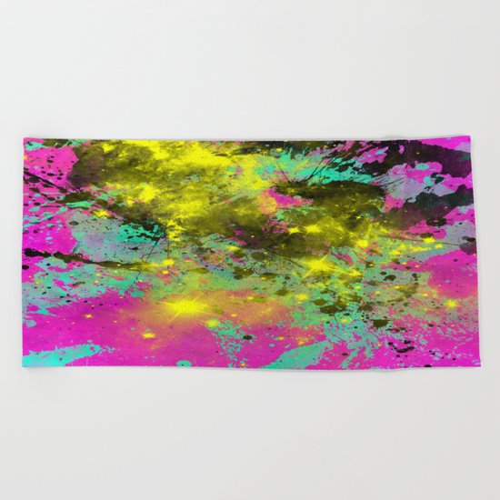 Stargazer - Abstract cyan, black, purple and yellow oil painting Beach Towel