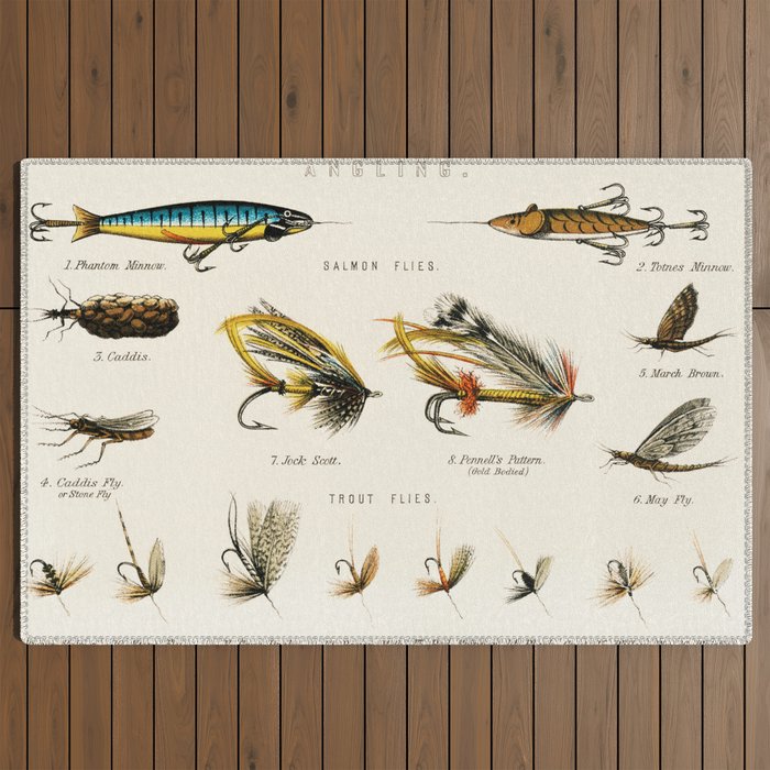 Illustrated Freshwater Fish Angling baits and fishing flies chart Outdoor  Rug by Atlantic Coast Arts and Paintings