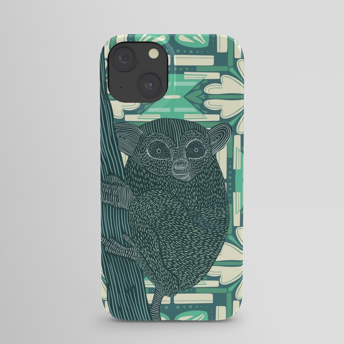 Bush baby sitting on tree stump with light green pattern background iPhone Case
