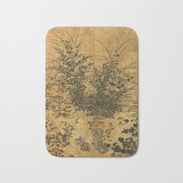 Vintage Japanese Floral Gold Leaf Screen With Morning Glory Bath Mat | Flowers, Plants, Japanese, Beautiful, Morningglory, Screen, Nature, Bohemian, Digital, Pattern 