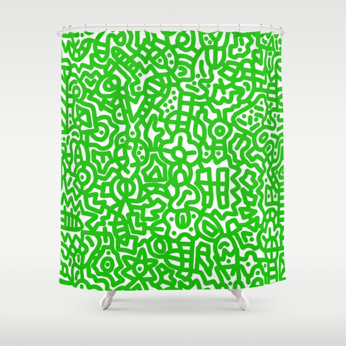 Lime Green on White Doodles Shower Curtain