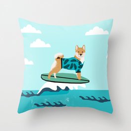 shiba inu surfing dog breed pattern Throw Pillow