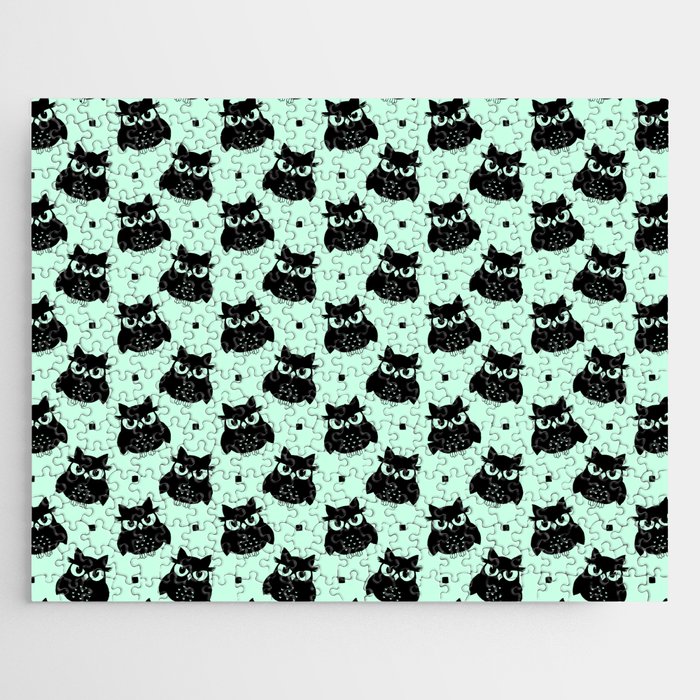 Black Cute Owl Seamless Pattern on Mint Green Background Jigsaw Puzzle