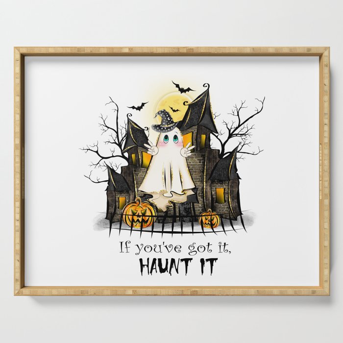 Funny ghost with haunted mansion and bat Serving Tray