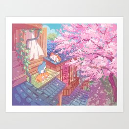 The cute cats, rooftops, and pink cherry blossom Art Print
