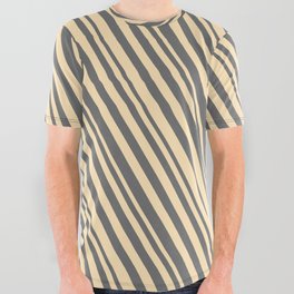 [ Thumbnail: Beige and Dim Gray Colored Stripes/Lines Pattern All Over Graphic Tee ]