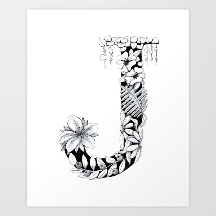 Floral Pen And Ink Letter J Art Print By Penandposy Society6