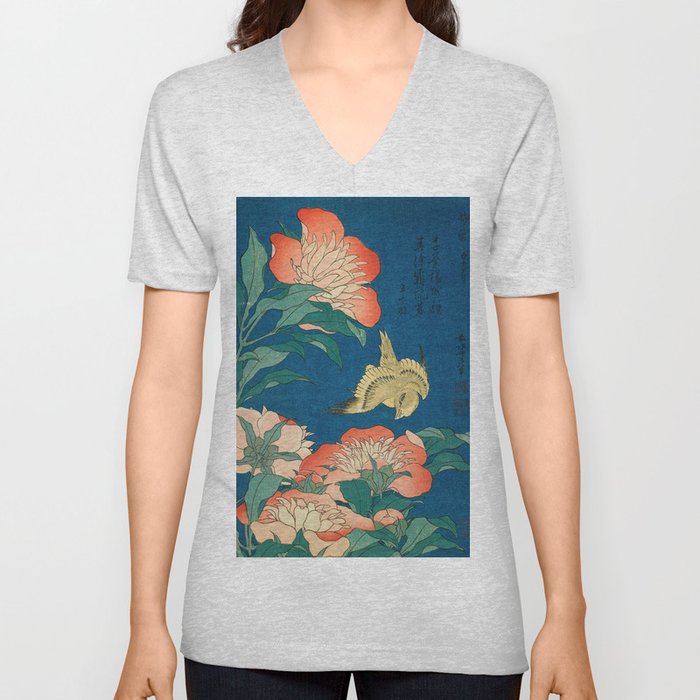 Peonies and Canary, 1834 by Katsushika Hokusai V Neck T Shirt