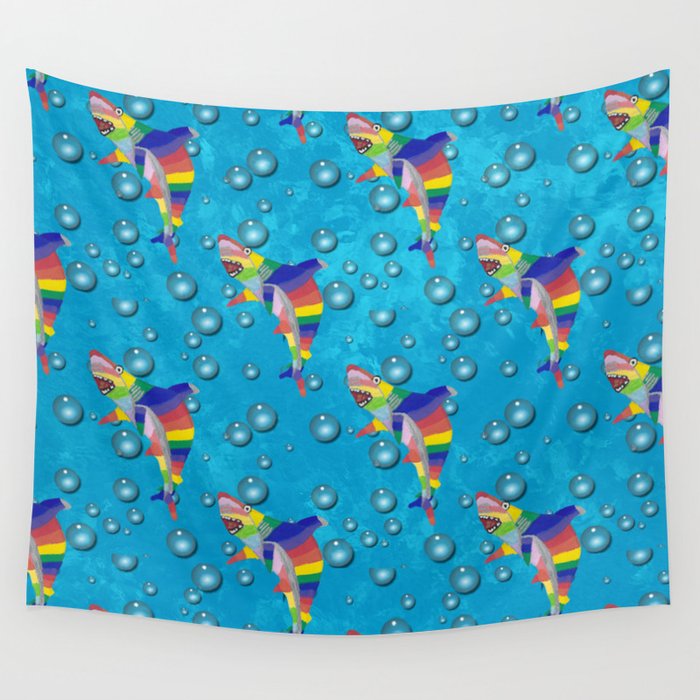 Colorful Shark with Bubbles on a Light Blue Background Wall Tapestry